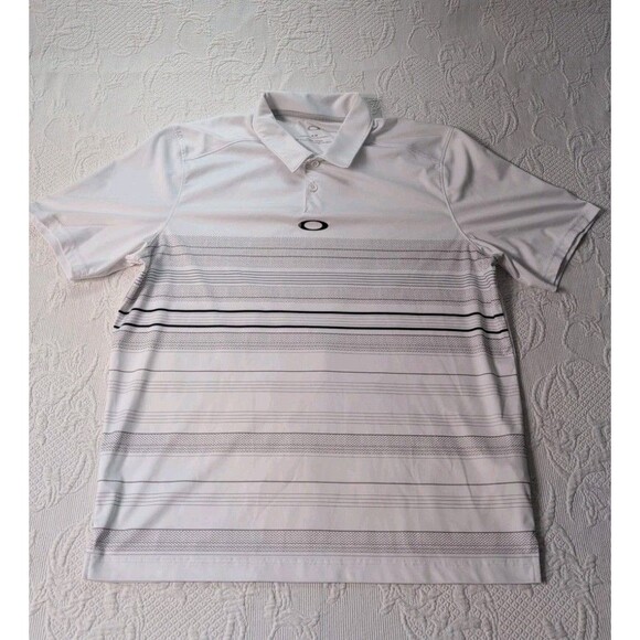 Oakley High Crest Polo Mens M White Striped Golf Casual Regular Collared Shirt - Picture 1 of 6